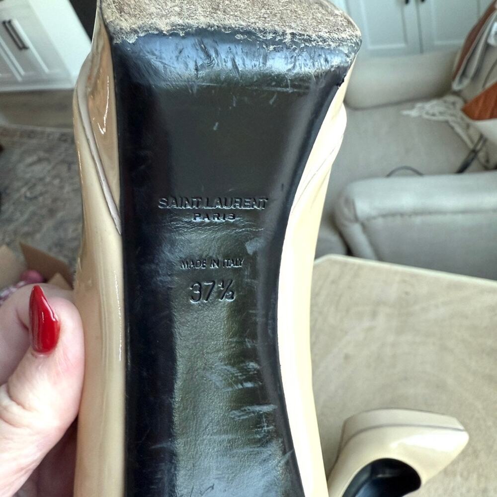 SAINT LAURENT Paris Platform Heels Nude Patent Leather Size 37.5 Italy Glam - Picture 7 of 12